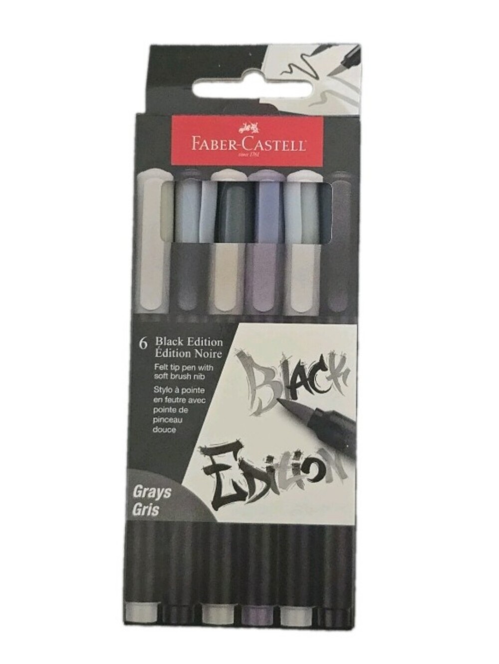 Faber-Castell Black Edition Gray Brush Markers Set of 6 Soft Brush Tip Pens New